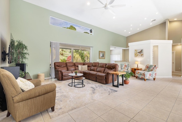 living room featuring high vaulted ceiling, visible vents, recessed lighting, a ceiling fan, and light tile patterned floors