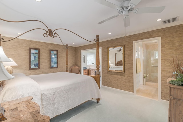 bedroom featuring wallpapered walls, ornamental molding, recessed lighting, visible vents, and carpet