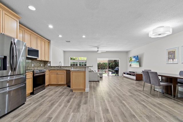 9448 Boca River Cir, Boca Raton, FL 33434 - kitchen featuring a peninsula, appliances with stainless steel finishes, a sink, light wood-style floors, and open floor plan