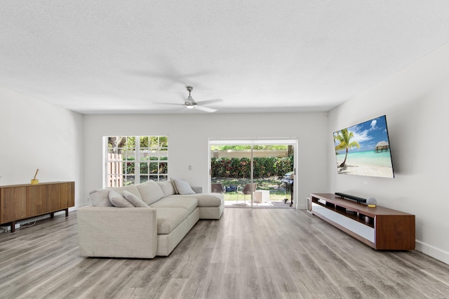 9448 Boca River Cir, Boca Raton, FL 33434 - living area with a textured ceiling, a wealth of natural light, light wood-style floors, and ceiling fan