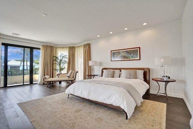 bedroom with dark wood-style flooring, baseboards, recessed lighting, visible vents, and access to exterior