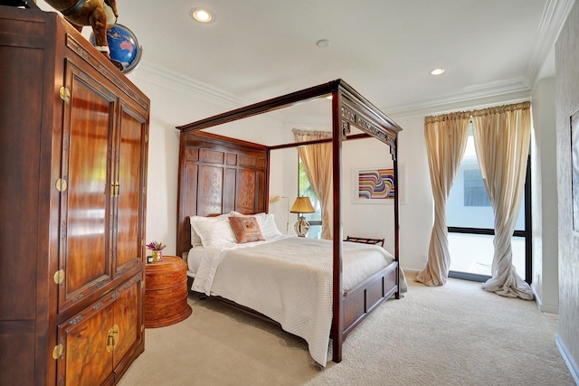 bedroom with light carpet, crown molding, and recessed lighting