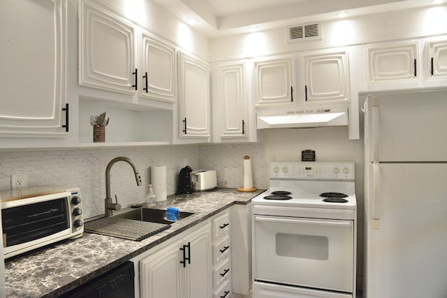 2841 Somerset Dr Unit 217, Lauderdale Lakes, FL 33311 - kitchen featuring white appliances, under cabinet range hood, a sink, and white cabinetry