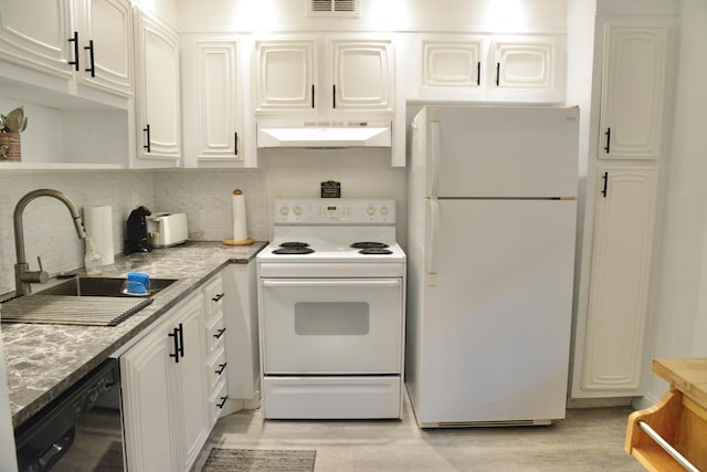 2841 Somerset Dr Unit 217, Lauderdale Lakes, FL 33311 - kitchen with white appliances, under cabinet range hood, a sink, white cabinets, and decorative backsplash
