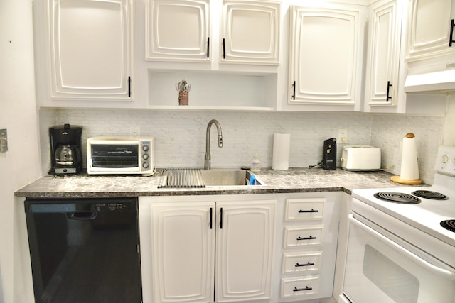 2841 Somerset Dr Unit 217, Lauderdale Lakes, FL 33311 - kitchen with white electric range oven, black dishwasher, a sink, and backsplash