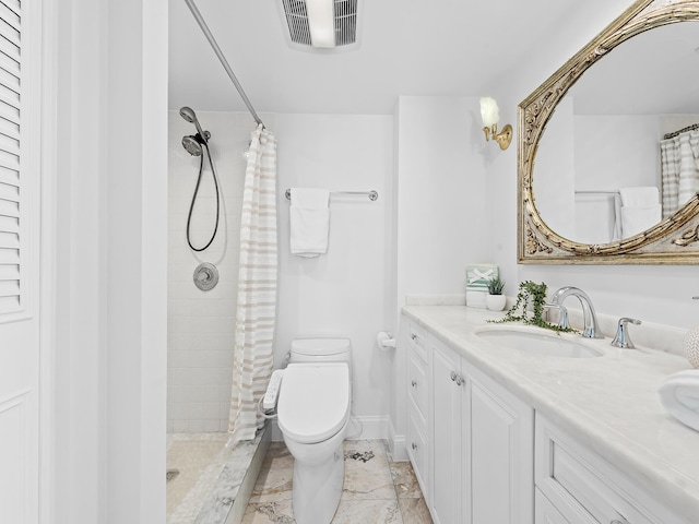 bathroom featuring marble finish floor, visible vents, toilet, vanity, and tiled shower
