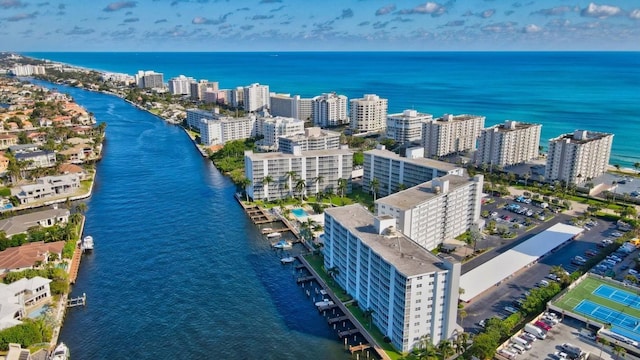 drone / aerial view featuring a water view