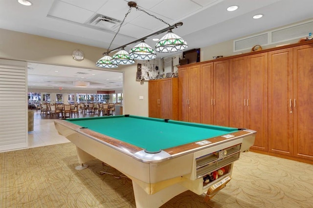 game room featuring recessed lighting, visible vents, pool table, and light carpet