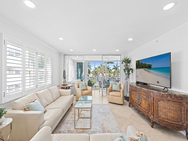 living area featuring a wall of windows, recessed lighting, and ornamental molding