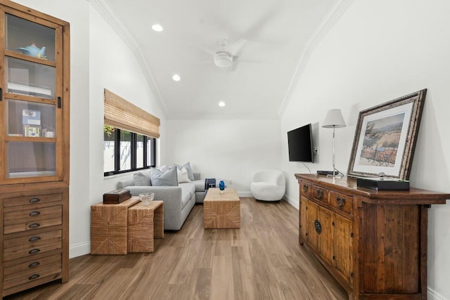 2437 NW 64th St, Boca Raton, FL 33496 - living room with crown molding, lofted ceiling, baseboards, light wood finished floors, and a ceiling fan