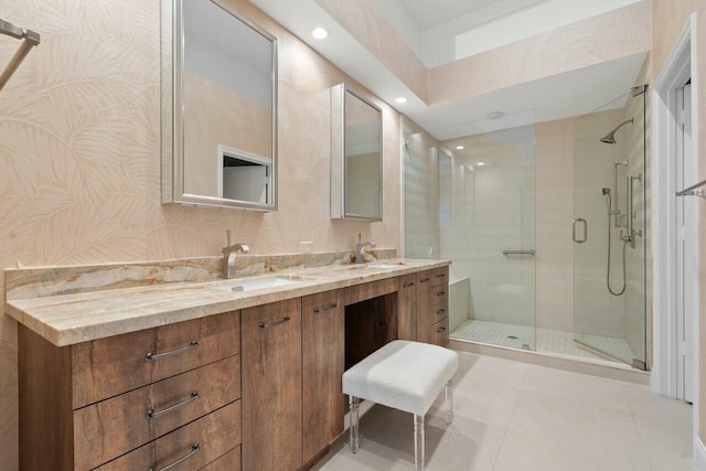 2437 NW 64th St, Boca Raton, FL 33496 - bathroom with double vanity, a sink, a stall shower, and tile patterned flooring