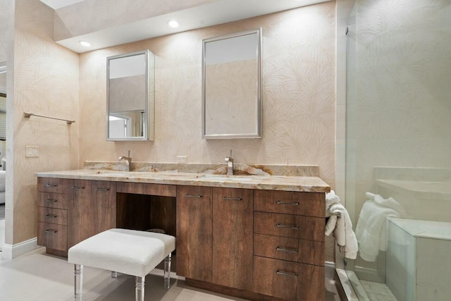 2437 NW 64th St, Boca Raton, FL 33496 - bathroom featuring double vanity, wallpapered walls, recessed lighting, and a sink