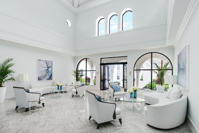 2437 NW 64th St, Boca Raton, FL 33496 - living room with a towering ceiling, ornamental molding, and baseboards