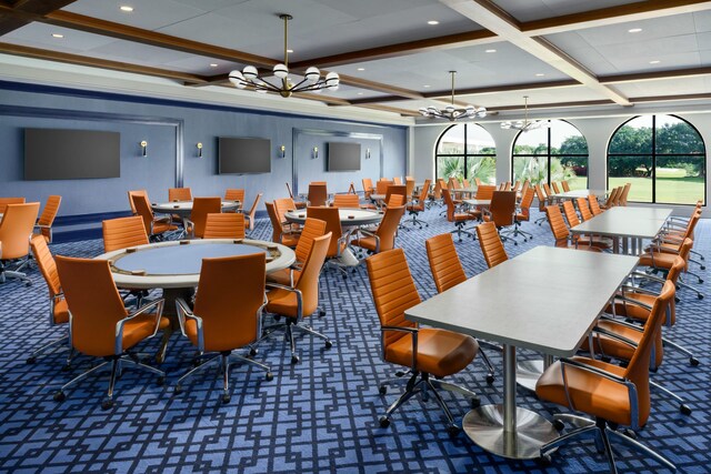 2437 NW 64th St, Boca Raton, FL 33496 - carpeted dining space with coffered ceiling, beamed ceiling, a notable chandelier, and recessed lighting