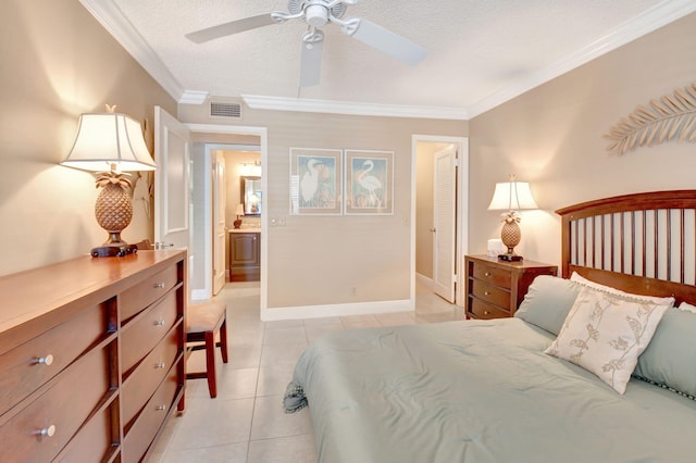 bedroom with a textured ceiling, visible vents, a closet, crown molding, and light tile patterned floors