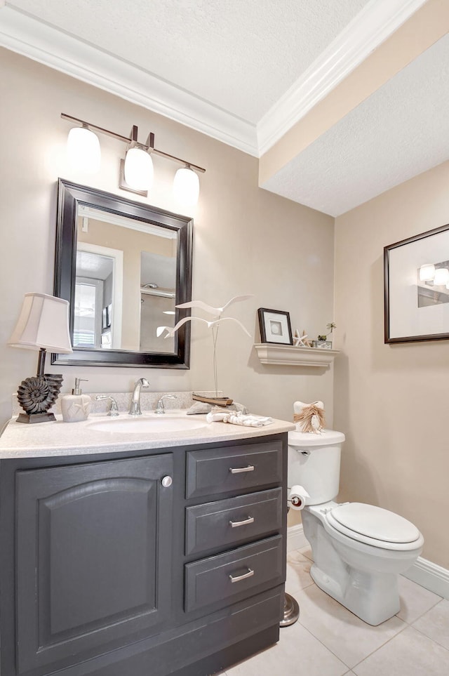 half bath featuring tile patterned flooring, crown molding, toilet, and vanity