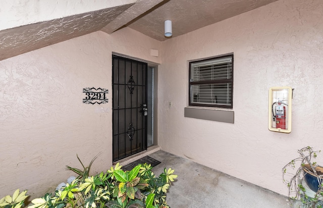 view of exterior entry with stucco siding