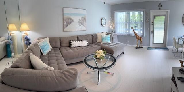 living room with baseboards and wood finished floors