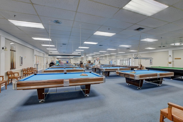 recreation room with a paneled ceiling, billiards, carpet, and visible vents