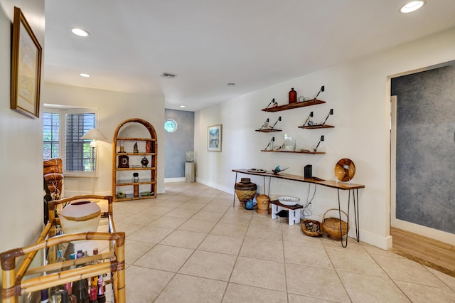 sitting room with recessed lighting, visible vents, baseboards, and light tile patterned flooring
