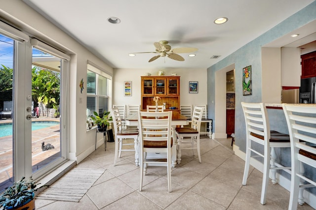 dining room with recessed lighting, visible vents, baseboards, and ceiling fan