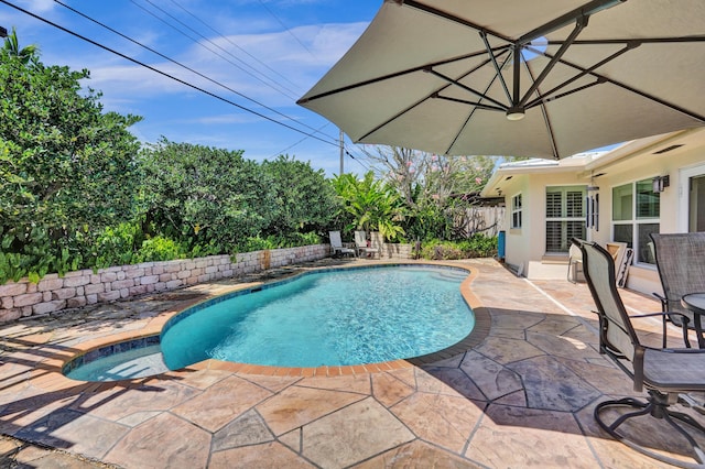 view of pool with a patio, a fenced in pool, and fence