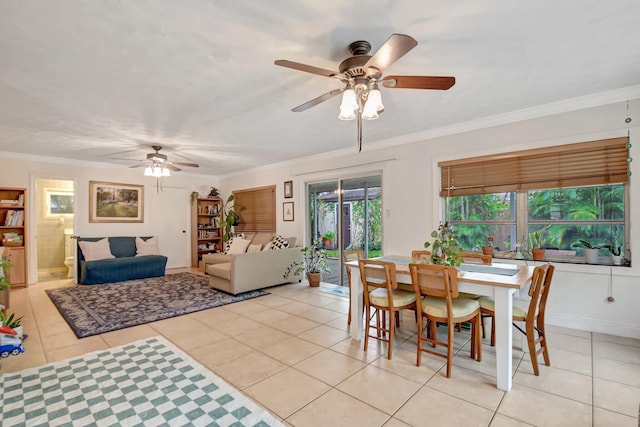 630 Glenridge Dr, West Palm Beach, FL 33405 - dining area with baseboards, crown molding, light tile patterned floors, and a ceiling fan