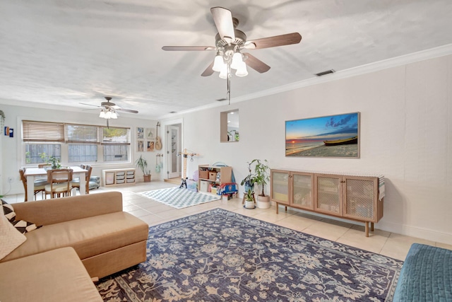 630 Glenridge Dr, West Palm Beach, FL 33405 - tiled living area featuring baseboards, visible vents, crown molding, and a ceiling fan