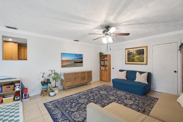 630 Glenridge Dr, West Palm Beach, FL 33405 - living area featuring crown molding, a ceiling fan, visible vents, and light tile patterned floors