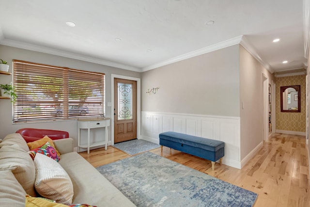 630 Glenridge Dr, West Palm Beach, FL 33405 - living room with a wainscoted wall, ornamental molding, and wood finished floors