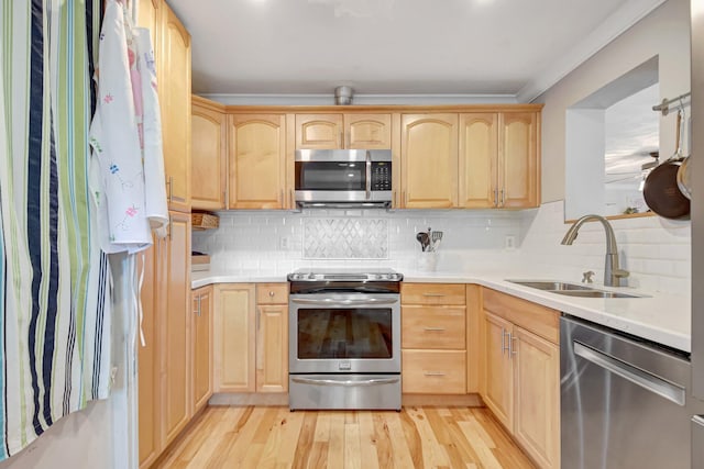 630 Glenridge Dr, West Palm Beach, FL 33405 - kitchen featuring light wood-type flooring, a sink, light brown cabinetry, and appliances with stainless steel finishes