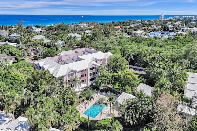 bird's eye view with a water view