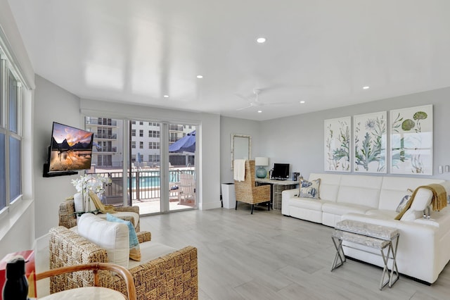1149 Hillsboro Mile Unit 112N, Hillsboro Beach, FL 33062 - living area featuring baseboards, ceiling fan, and recessed lighting