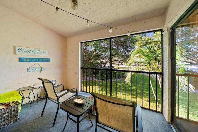 301 Norwood Ter Unit N230, Boca Raton, FL 33431 - sunroom / solarium featuring lofted ceiling, carpet flooring, and a textured wall