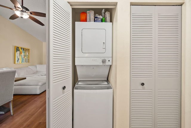 301 Norwood Ter Unit N230, Boca Raton, FL 33431 - laundry area featuring laundry area, ceiling fan, wood finished floors, and stacked washing maching and dryer