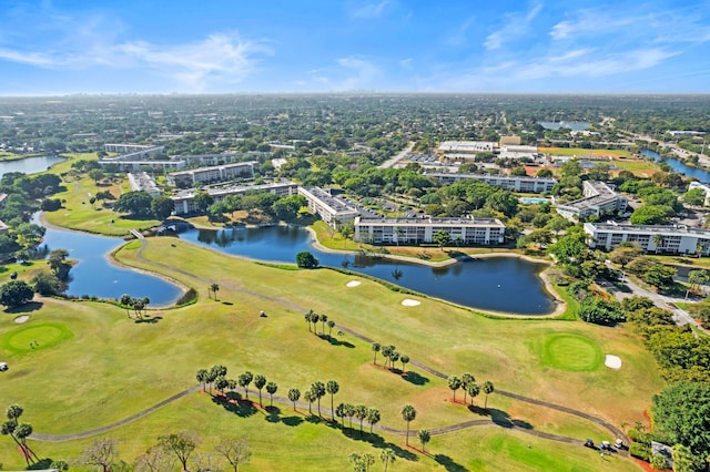 aerial view with a water view and golf course view