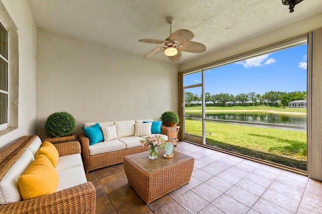 9827 Galleon Dr, West Palm Beach, FL 33411 - sunroom / solarium featuring outdoor lounge area, a water view, and a ceiling fan