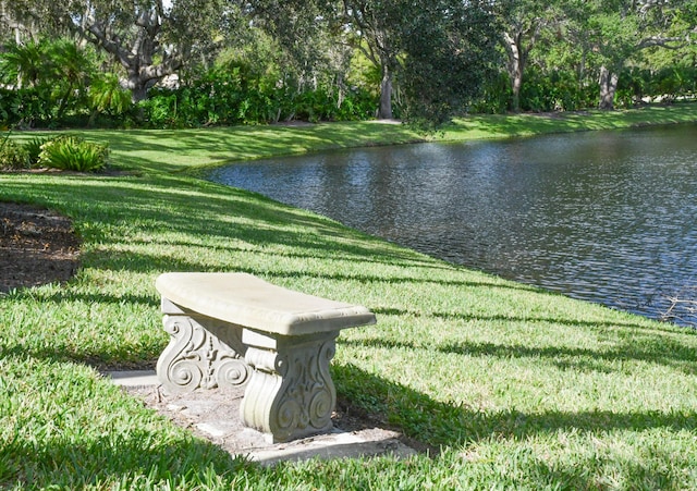 view of home's community with a lawn and a water view