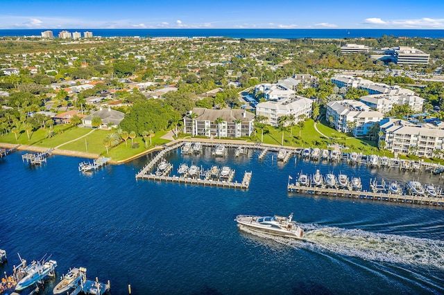 drone / aerial view with a water view