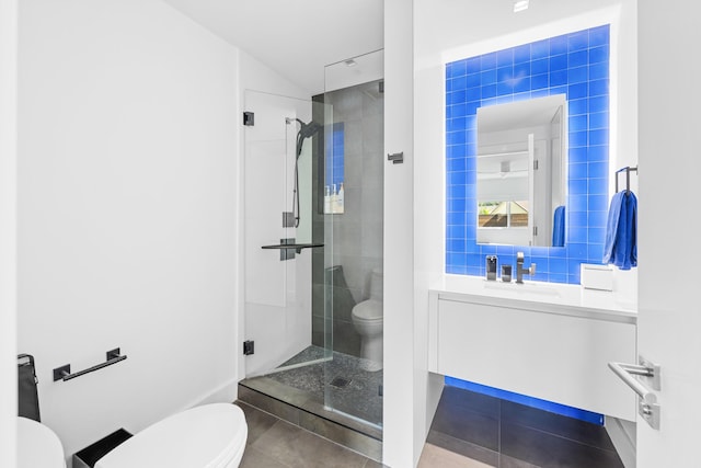 7047 San Sebastian Cir, Boca Raton, FL 33433 - bathroom featuring toilet, a stall shower, vanity, and tile patterned floors
