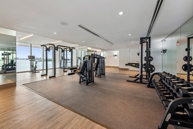 exercise room featuring expansive windows and wood finished floors