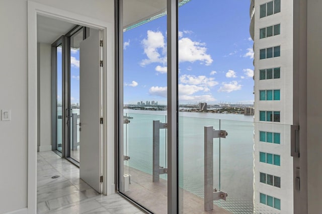 interior space featuring a water view