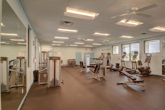 6472 Overland Dr, Delray Beach, FL 33484 - workout area with a paneled ceiling, a ceiling fan, and visible vents