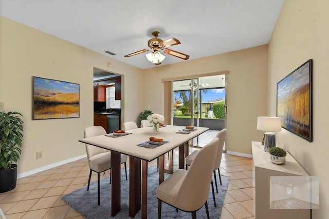 6472 Overland Dr, Delray Beach, FL 33484 - dining area featuring light tile patterned floors, visible vents, baseboards, and ceiling fan