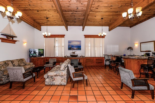 6763 Mar Pacifico, Fort Pierce, FL 34950 - living area with wooden ceiling, light tile patterned floors, and a notable chandelier
