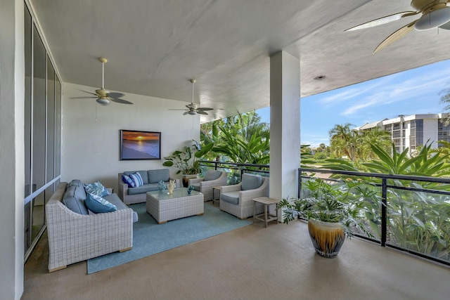exterior space featuring outdoor lounge area, a ceiling fan, and a balcony