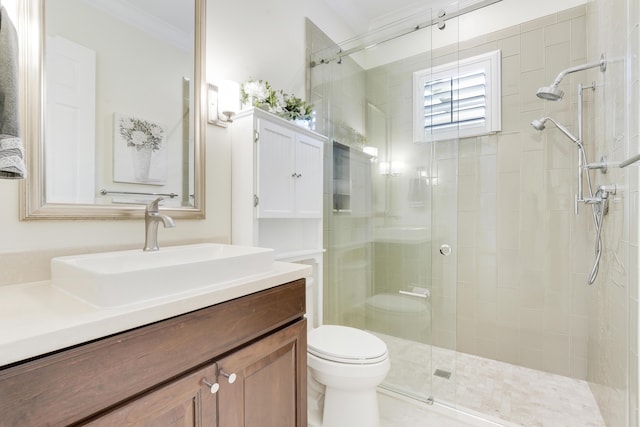 12479 Aviles Cir, Palm Beach Gardens, FL 33418 - bathroom with toilet, crown molding, vanity, and a shower stall