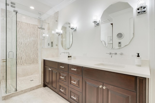 12479 Aviles Cir, Palm Beach Gardens, FL 33418 - full bath with a stall shower, double vanity, tile patterned floors, and recessed lighting