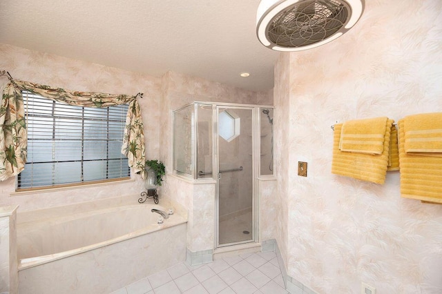 3381 SE E Snow Rd, Port Saint Lucie, FL 34984 - bathroom with tile patterned flooring, a textured ceiling, a shower stall, wallpapered walls, and a bath