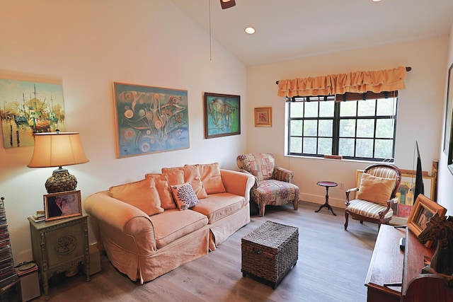 living room featuring high vaulted ceiling, recessed lighting, baseboards, a ceiling fan, and wood finished floors